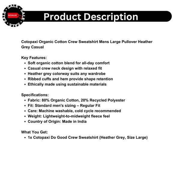 Cotopaxi Organic Cotton Crew Sweatshirt Mens Large Pullover Heather Grey Casual - Picture 2 of 3